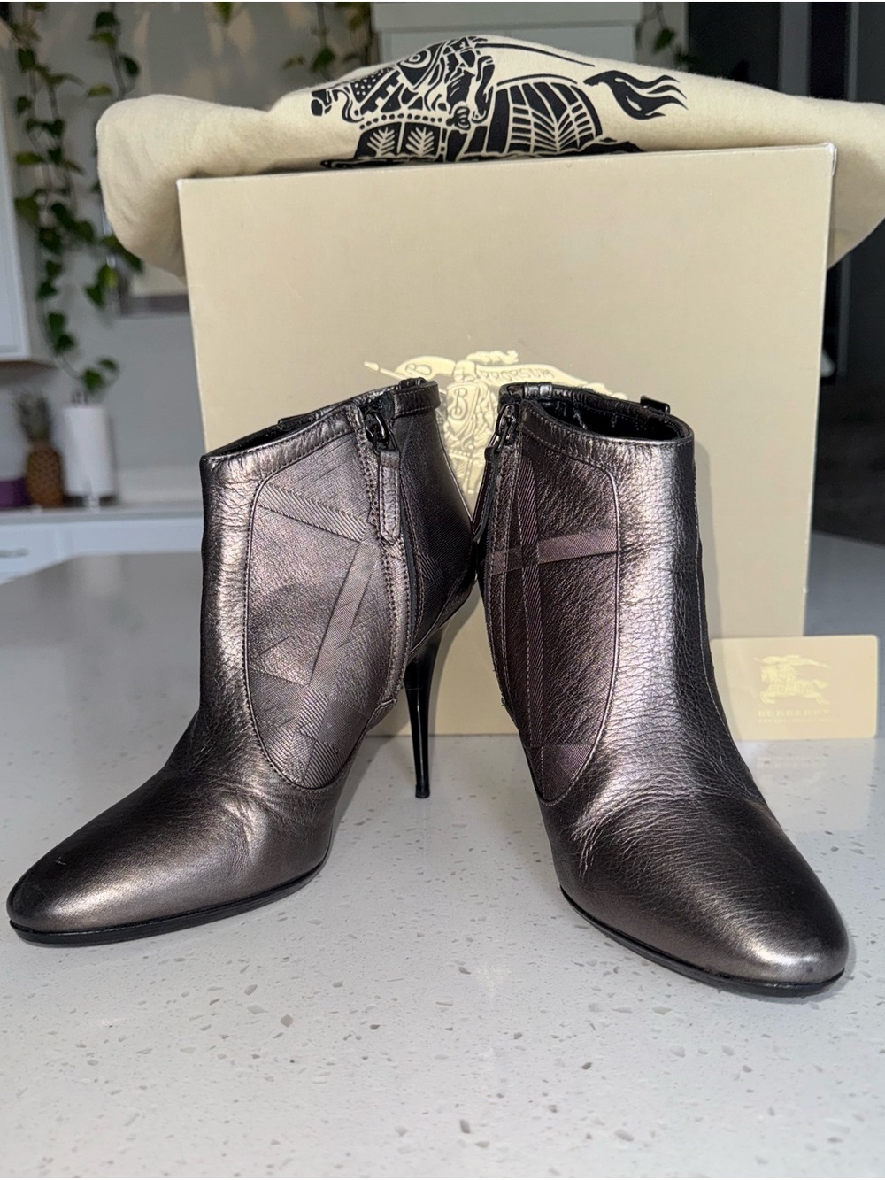 Burberry Metallic Black Leather Ankle Booties
